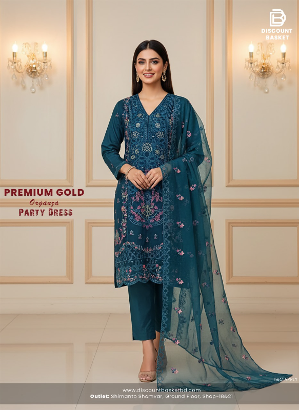 Premium Gold Organza Party Dress with Embroidery & Sequence Work